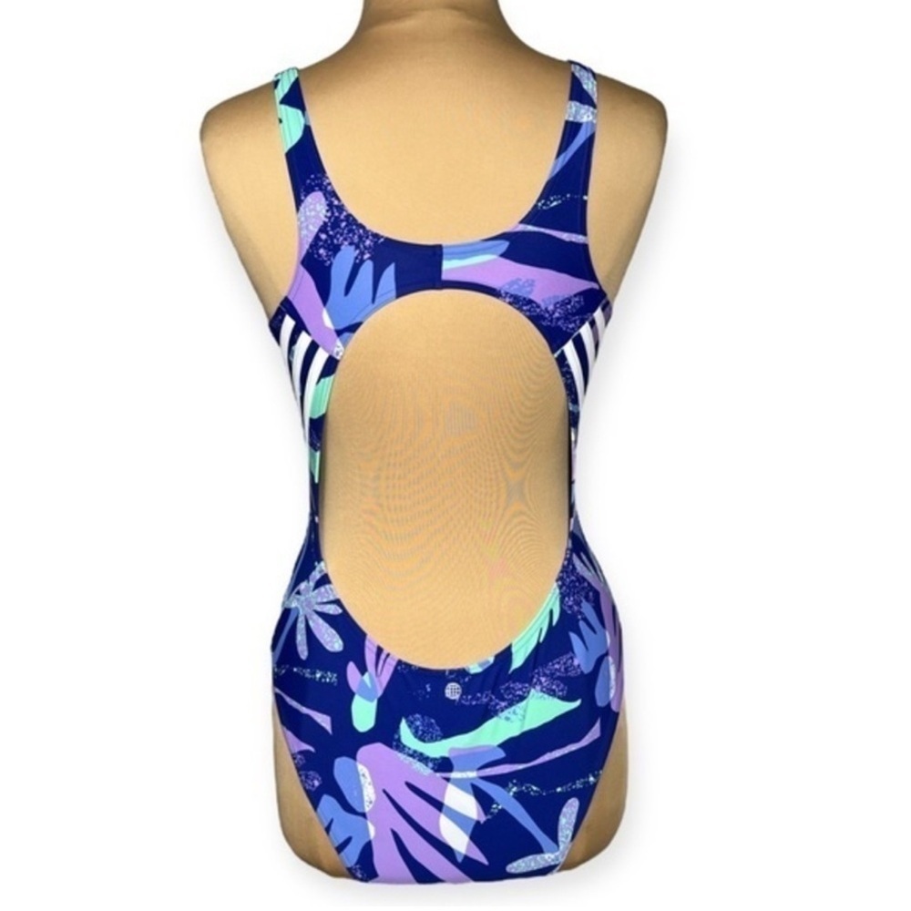 Adidas blue purple Floral sporty retro 90’s 3-Stripes One Piece Swimsuit size 14 - Picture 5 of 8